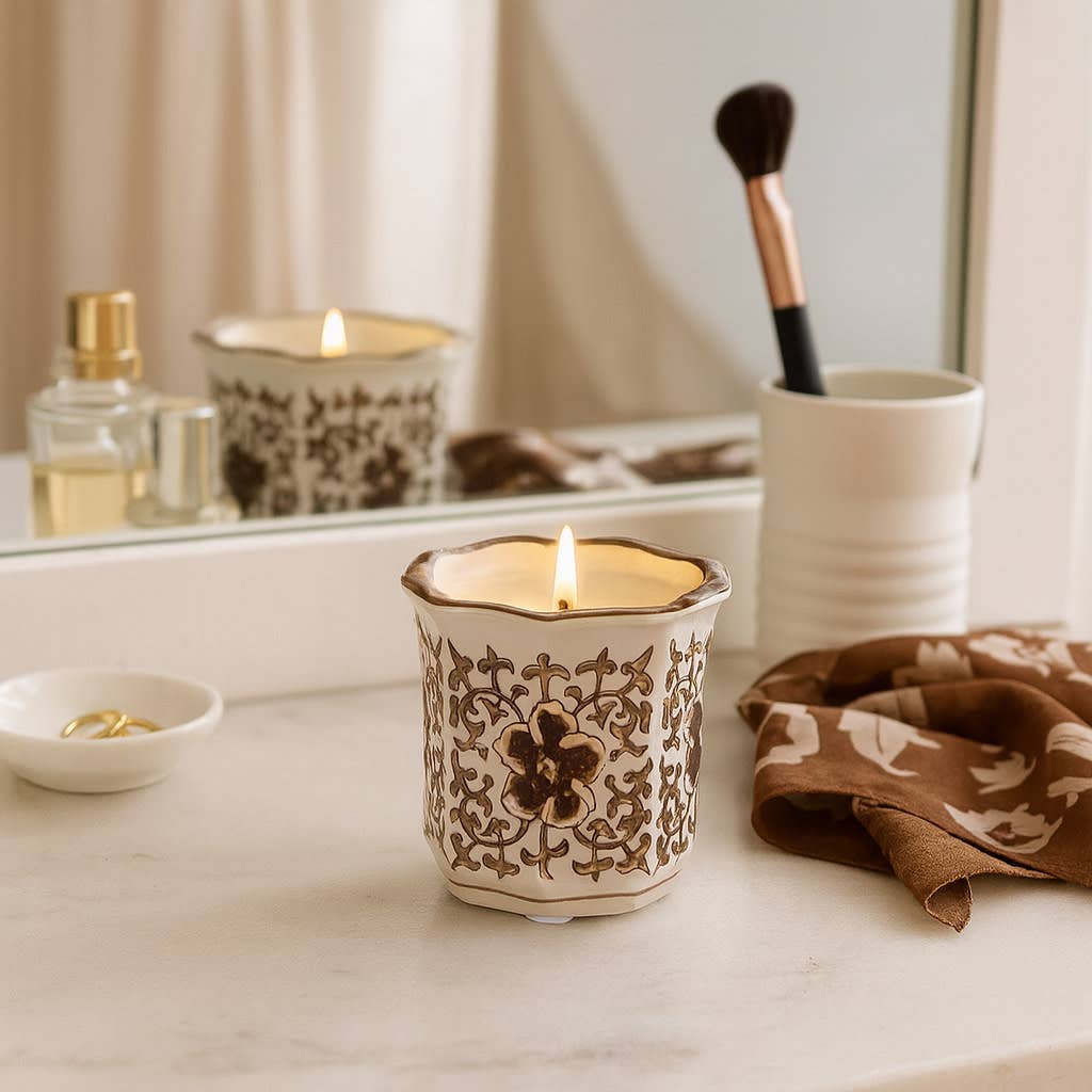 Scented Candle - Plumeria Brown and White Ceramic, 6 Oz