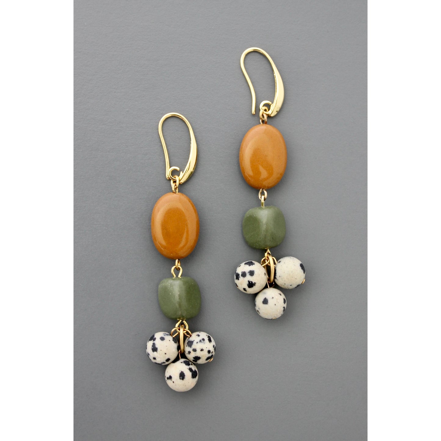 FERE68 Jasper, serpentine, and Dalmatian cluster earrings