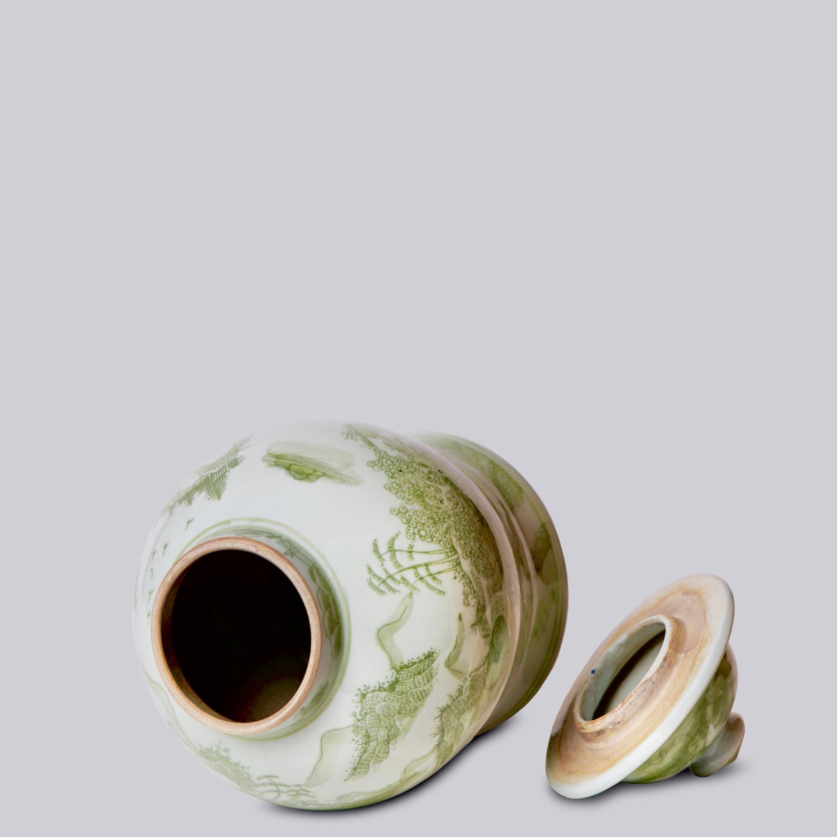 Medium Green and White Porcelain Landscape Temple Jar