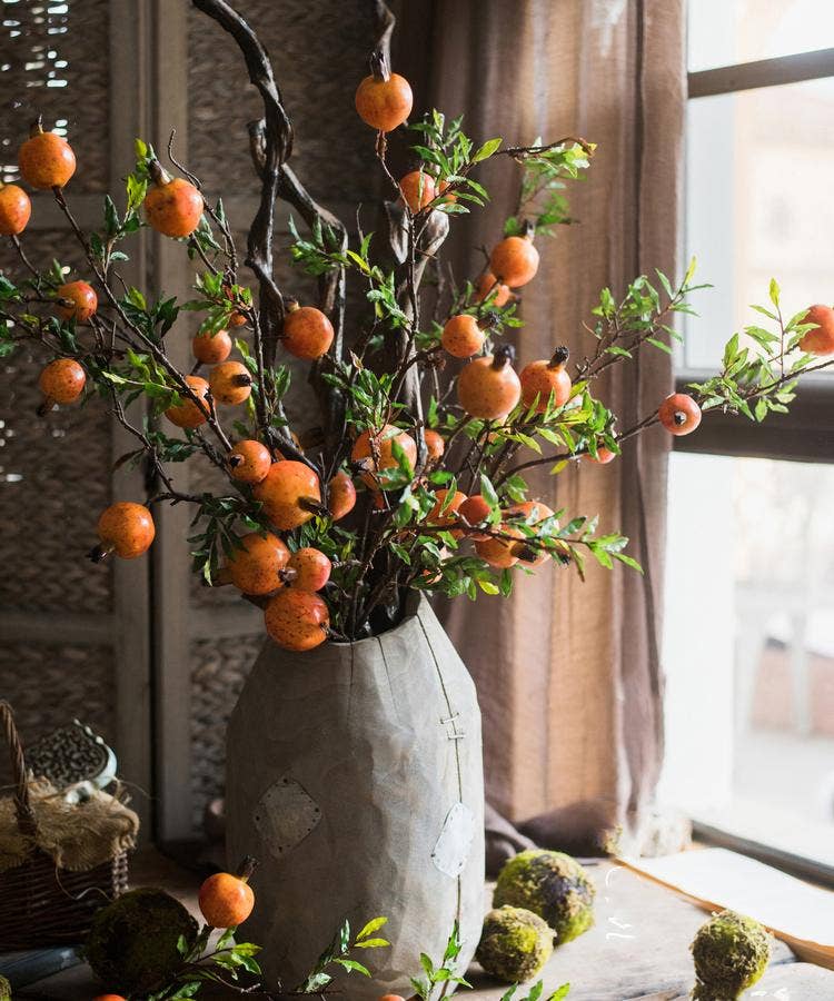 Artificial Fruit Yellow Orange Pomegranate Fruit Stem 36" Tall: Three Stems
