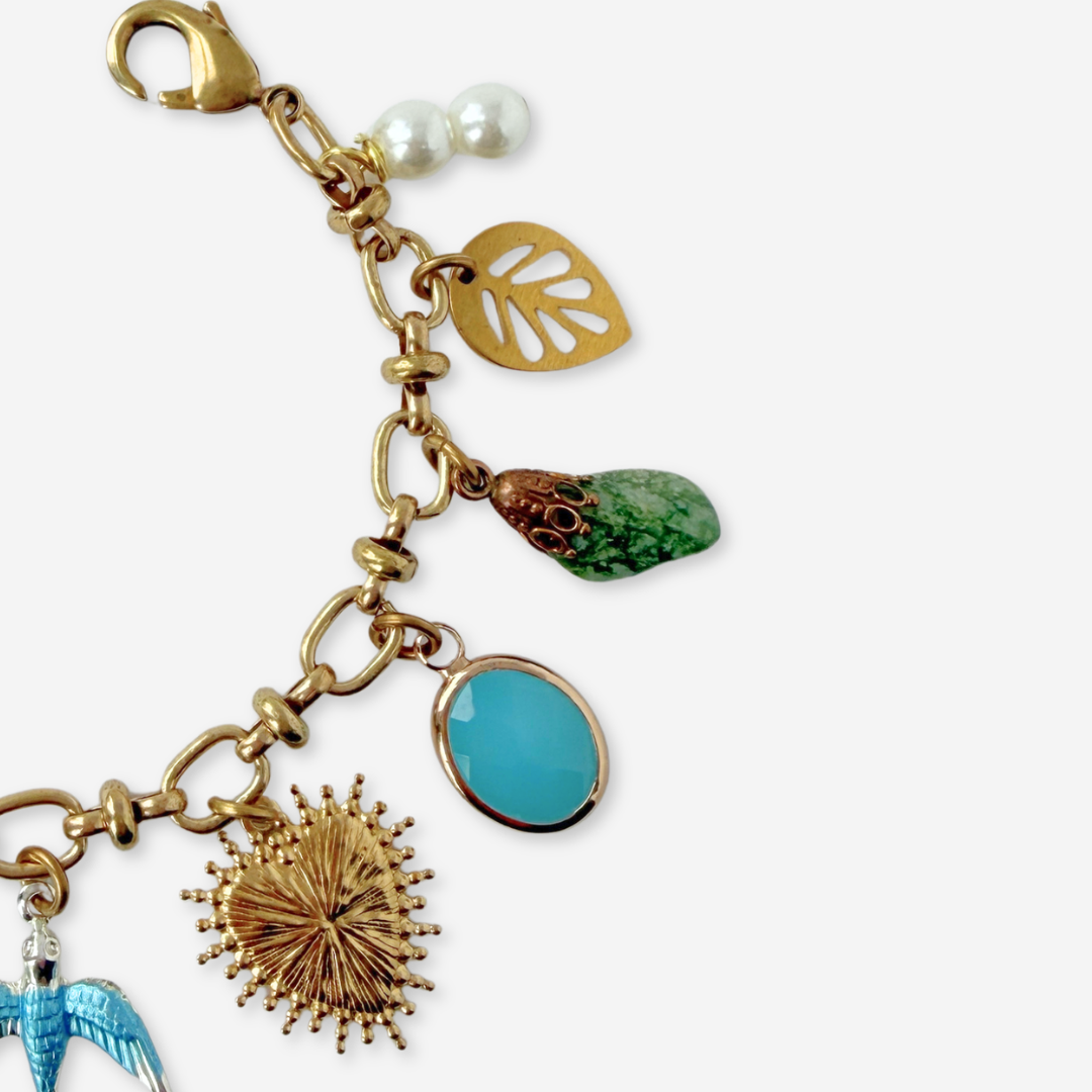 Blue, green, and gold repurposed vintage charm bracelet