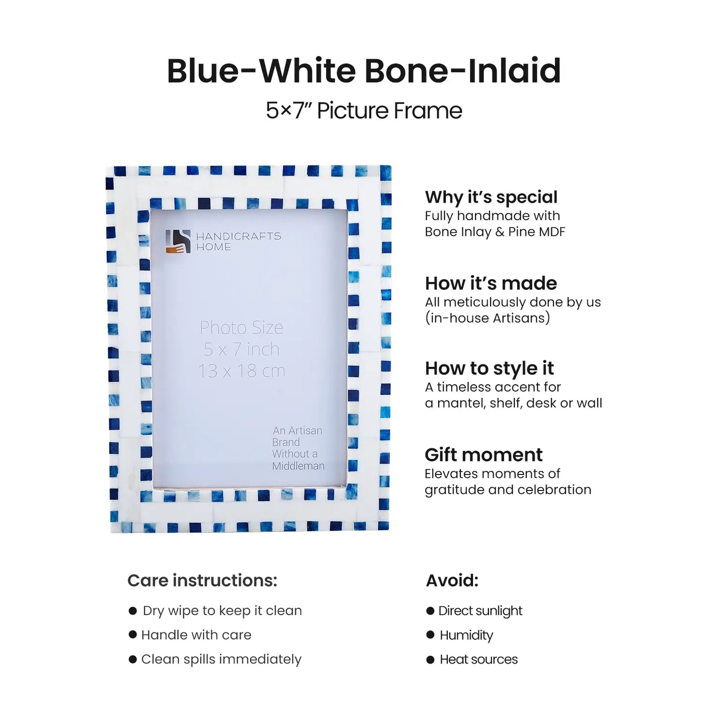 Handmade Bone Inlay Blue Picture Frame - Checkered Pattern 5x7