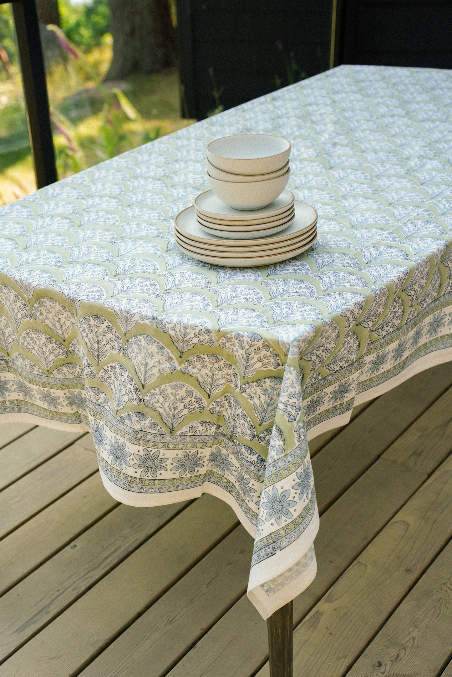 Sakura Block Print Tablecloth, Green