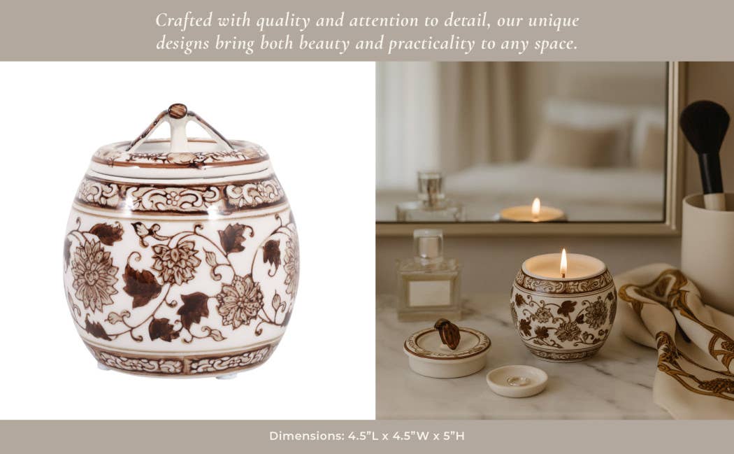 Scented Candle - Peony Wax Brown Chinoiserie With Lid, 8.5Oz
