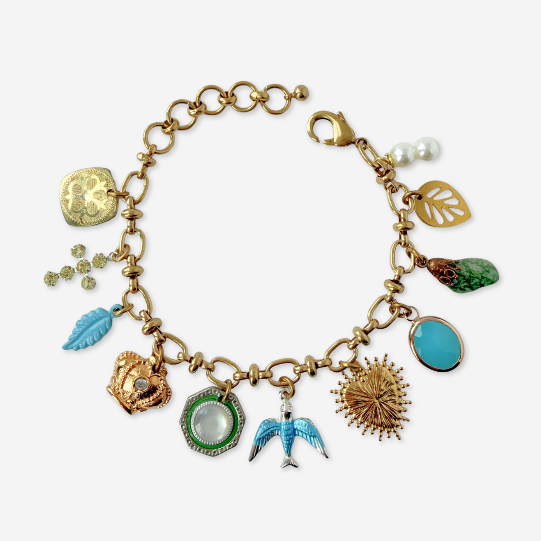 Blue, green, and gold repurposed vintage charm bracelet
