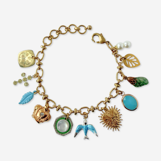Blue, green, and gold repurposed vintage charm bracelet