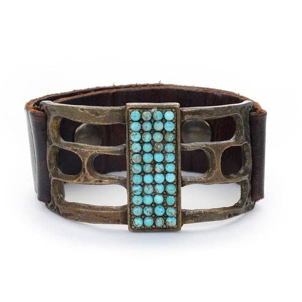 Open Rectangle Leather Bracelet: Vintage Brown w Black diamond
