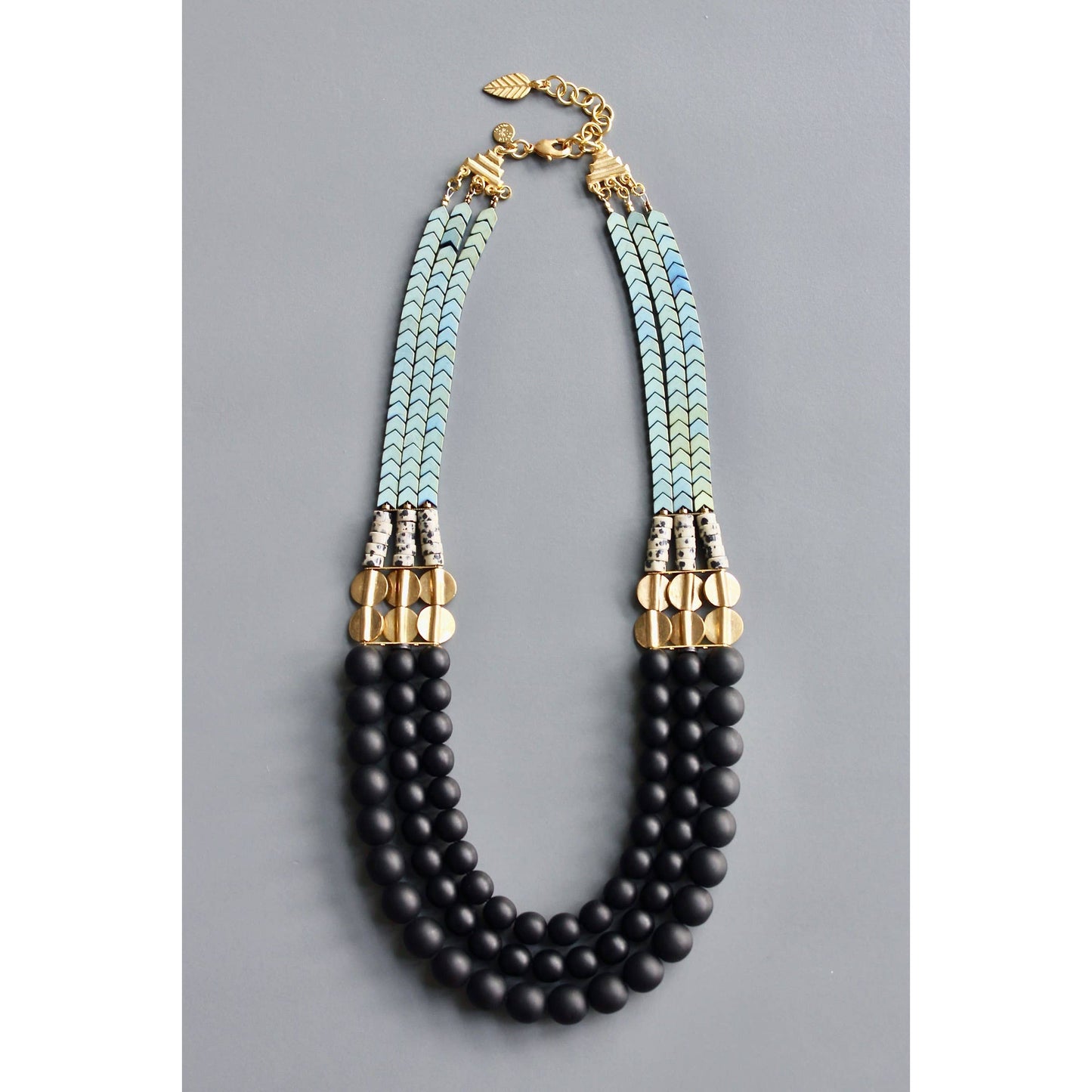 HYL221 Jet Glass and Hematite Triple Strand Beaded Necklace