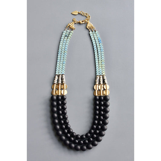 HYL221 Jet Glass and Hematite Triple Strand Beaded Necklace