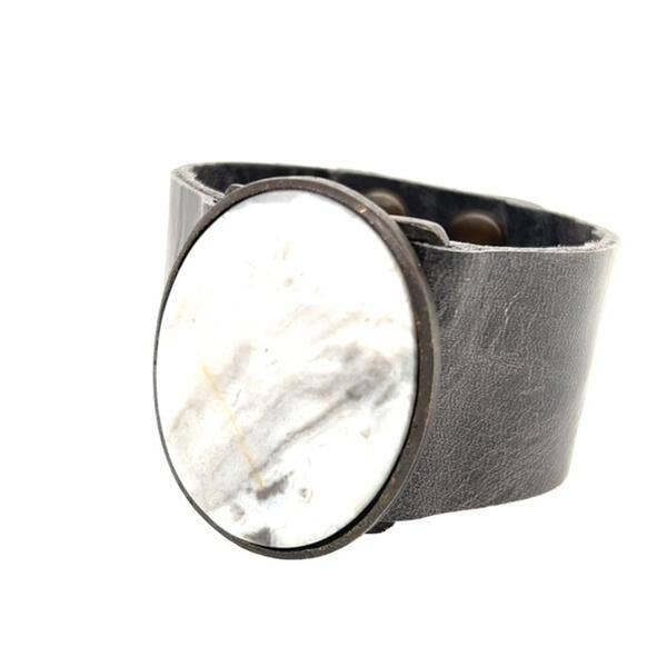 Oval Cabochon Leather Bracelet: Vintage Brown w African Turq