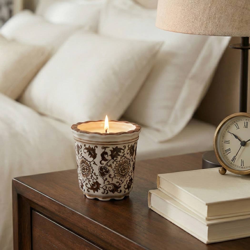 Scented Candle - Jasmine Brown and White Ceramic, 7 Oz
