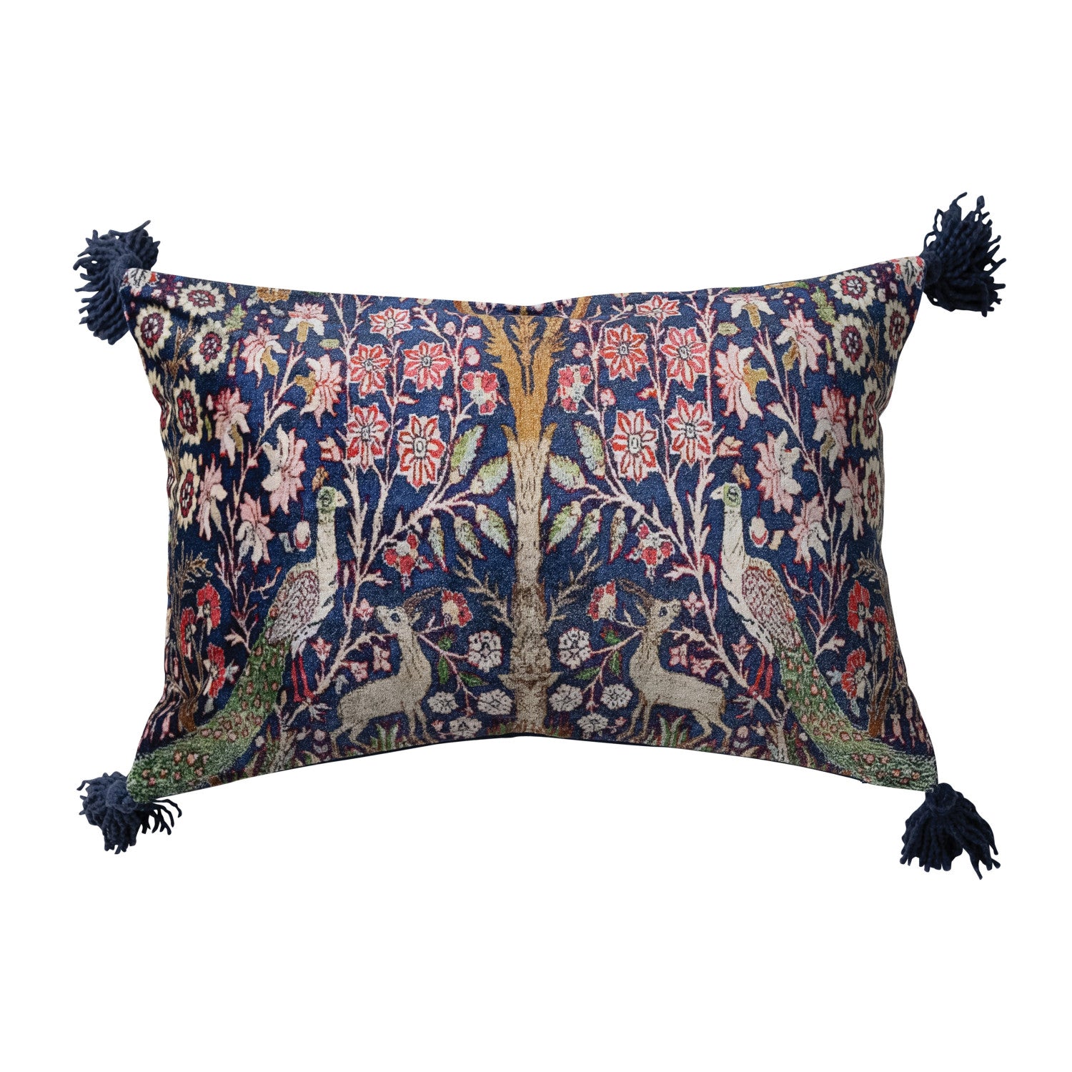Cotton Velvet Printed Lumbar Pillow w/ Woodland Pattern & Tassels