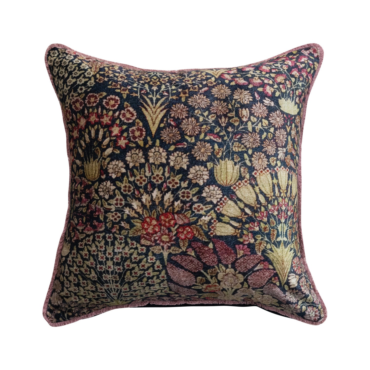 Cotton Velvet Printed Pillow w/ Botanical Pattern & Eyelash Fringe