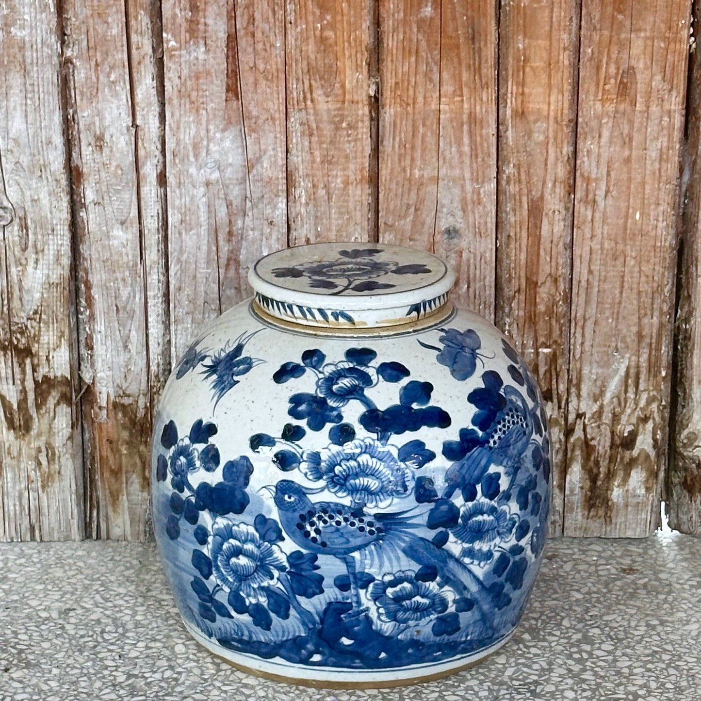 Blue & White Porcelain Bird & Flower Large Round Storage Jar