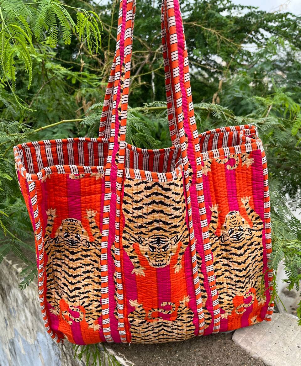 Market Bag Women Shopping Bag Tiger Print Cotton Quilted Bag
