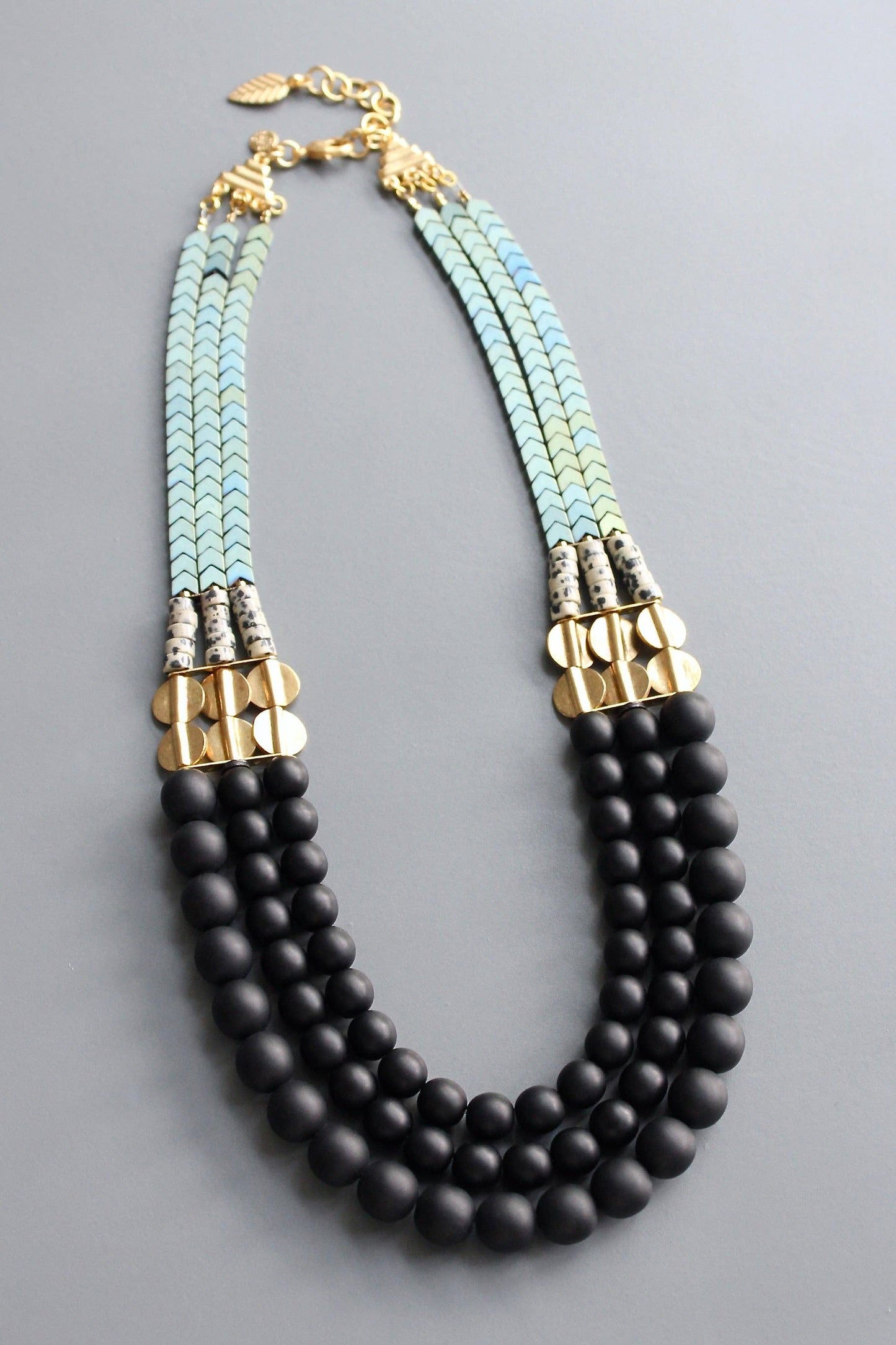 HYL221 Jet Glass and Hematite Triple Strand Beaded Necklace