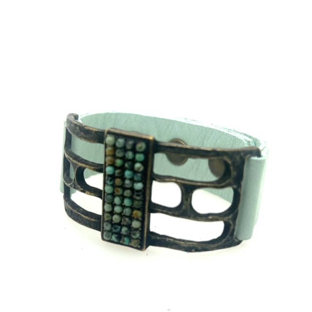Open Rectangle Leather Bracelet: Vintage Brown w Black diamond