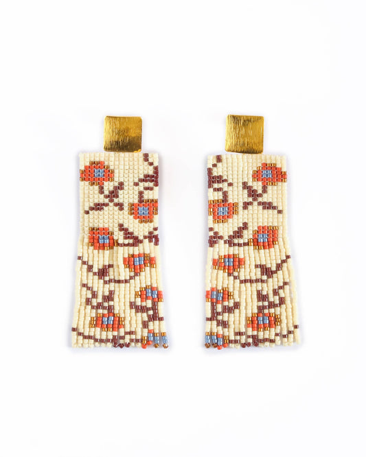 Beaded Handwoven Falling Flower Fringe Earrings (Cream/Rust)