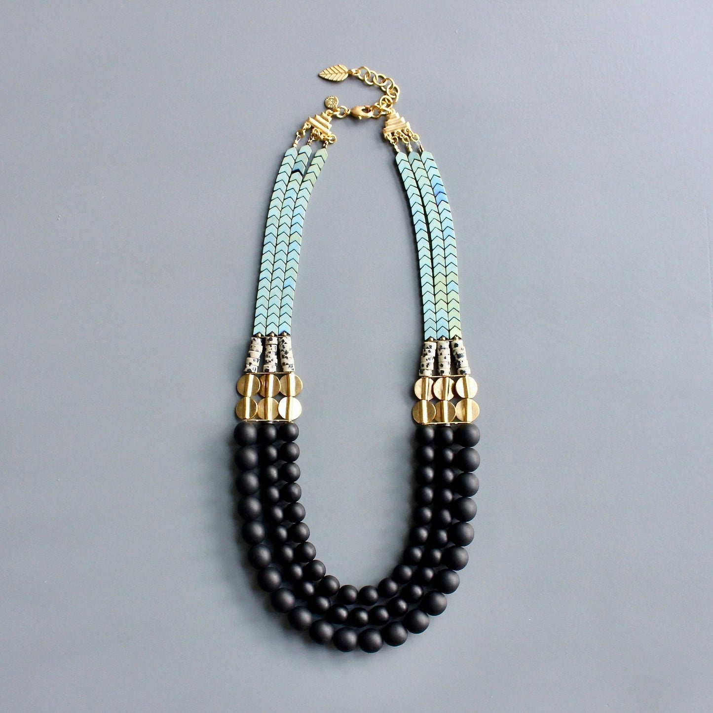 HYL221 Jet Glass and Hematite Triple Strand Beaded Necklace