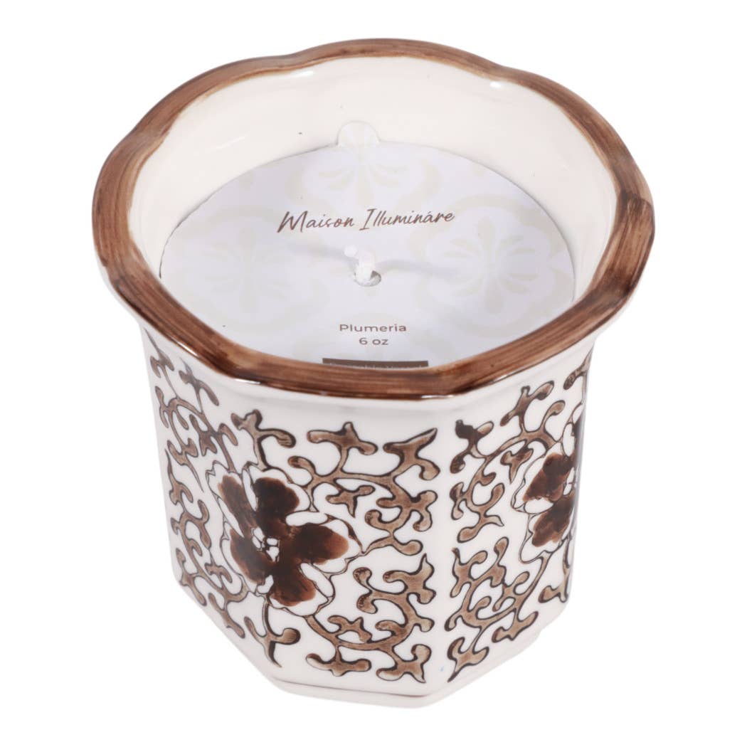 Scented Candle - Plumeria Brown and White Ceramic, 6 Oz