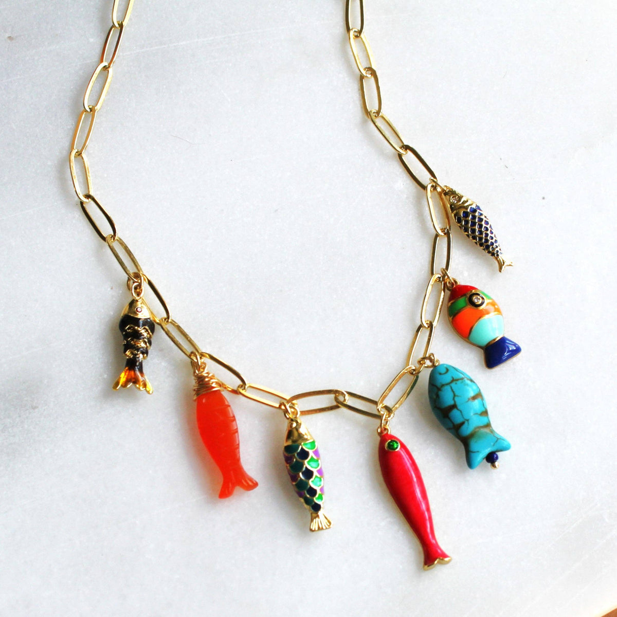 Colorful Fish Charm Necklace - Gold Statement Jewelry