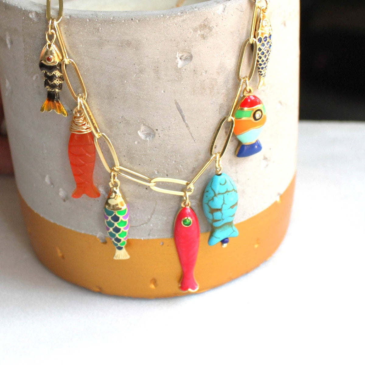 Colorful Fish Charm Necklace - Gold Statement Jewelry