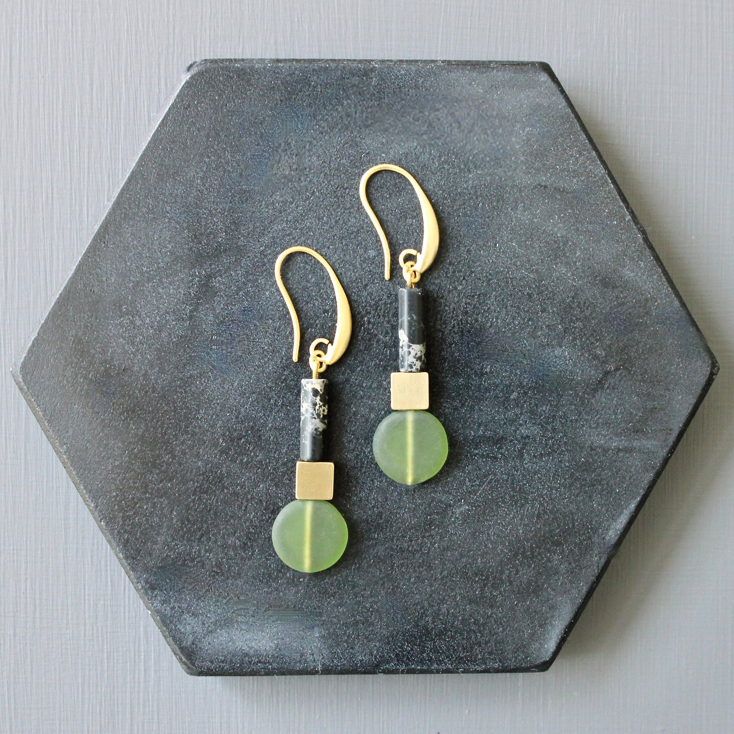 JLTE14 - Geometric Earrings with Olivine Glass