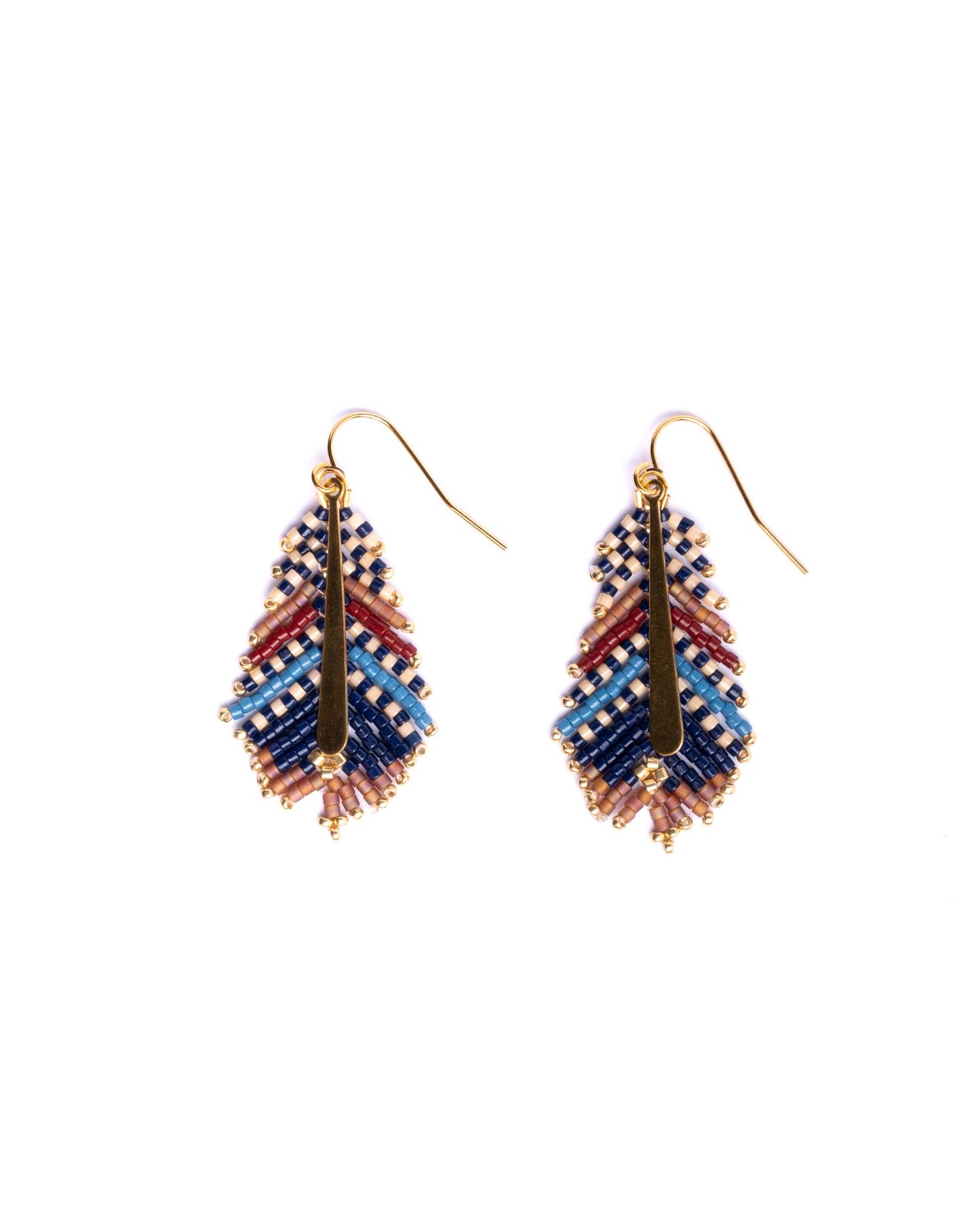 Beaded Handwoven Gilded Feather Earrings (Rust/Aqua)