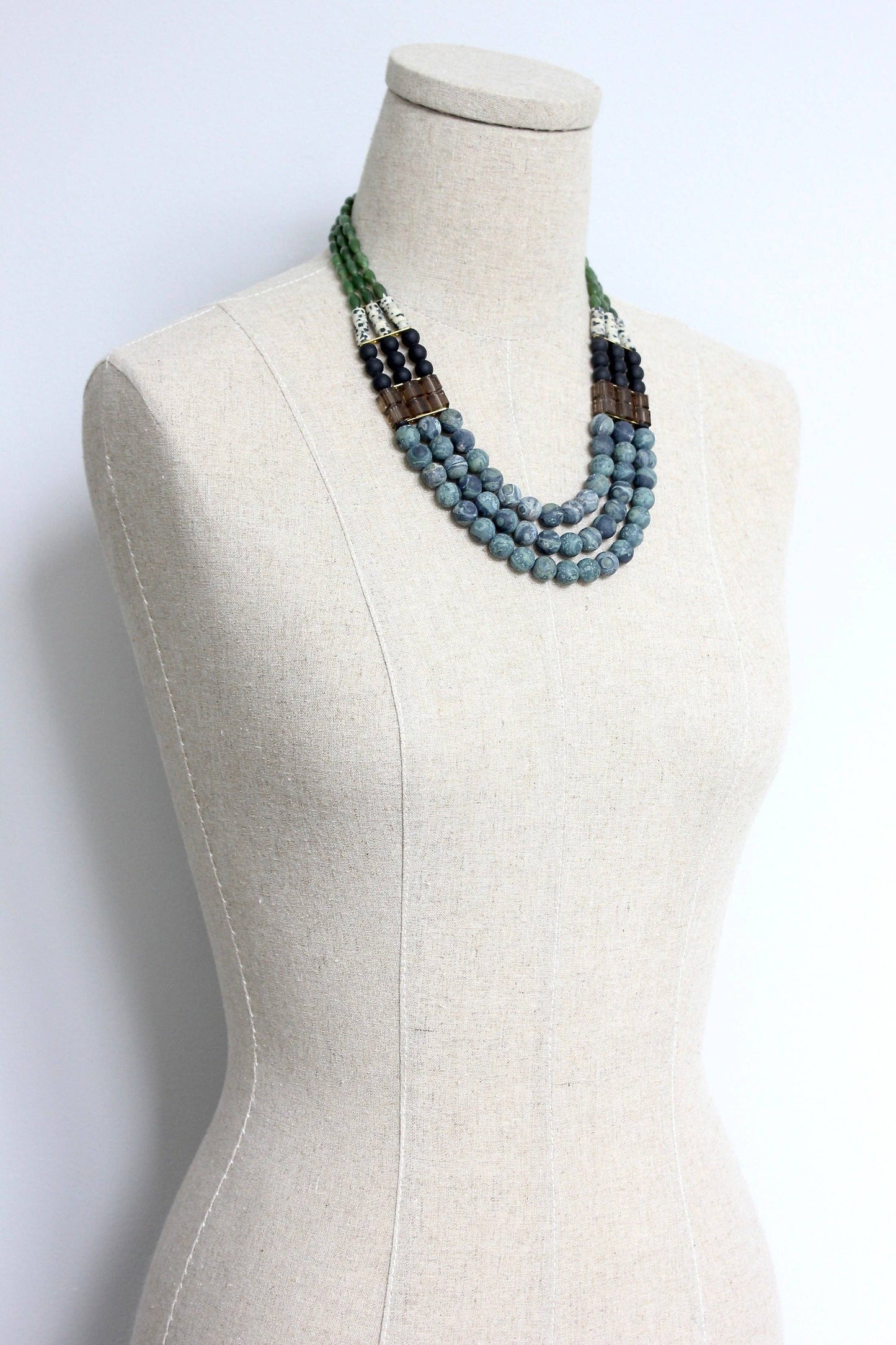HYL219 Jasper and glass triple strand necklace