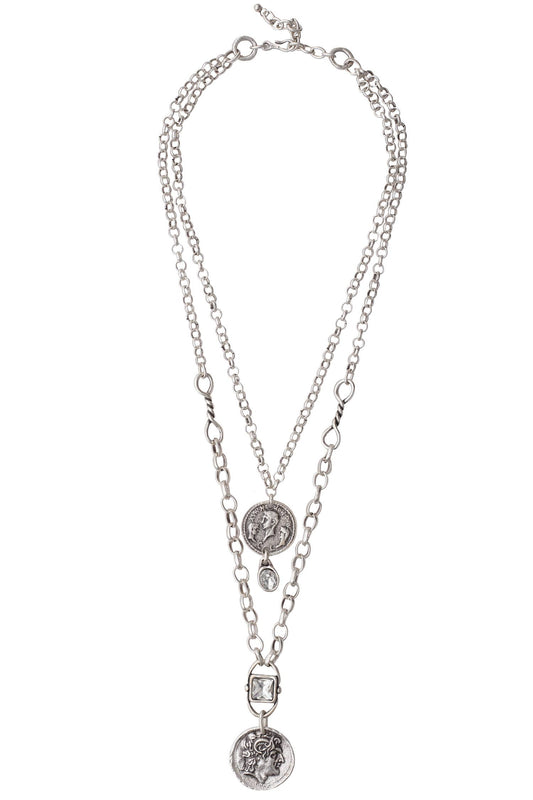 Handmade Coin Crystal Pewter Necklace - 3891