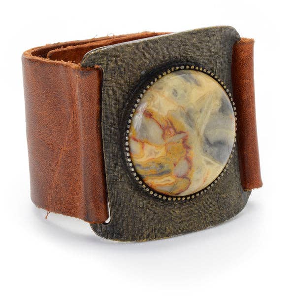 Large Round Cabochon Leather Cuff: Vintage Brown w African Turq