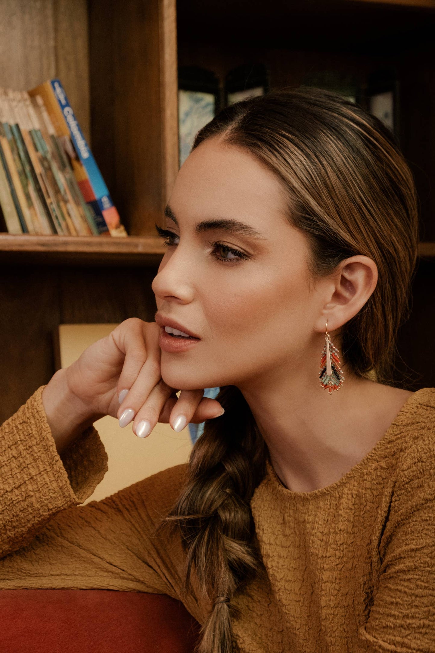 Beaded Handwoven Gilded Feather Earrings (Rust/Aqua)