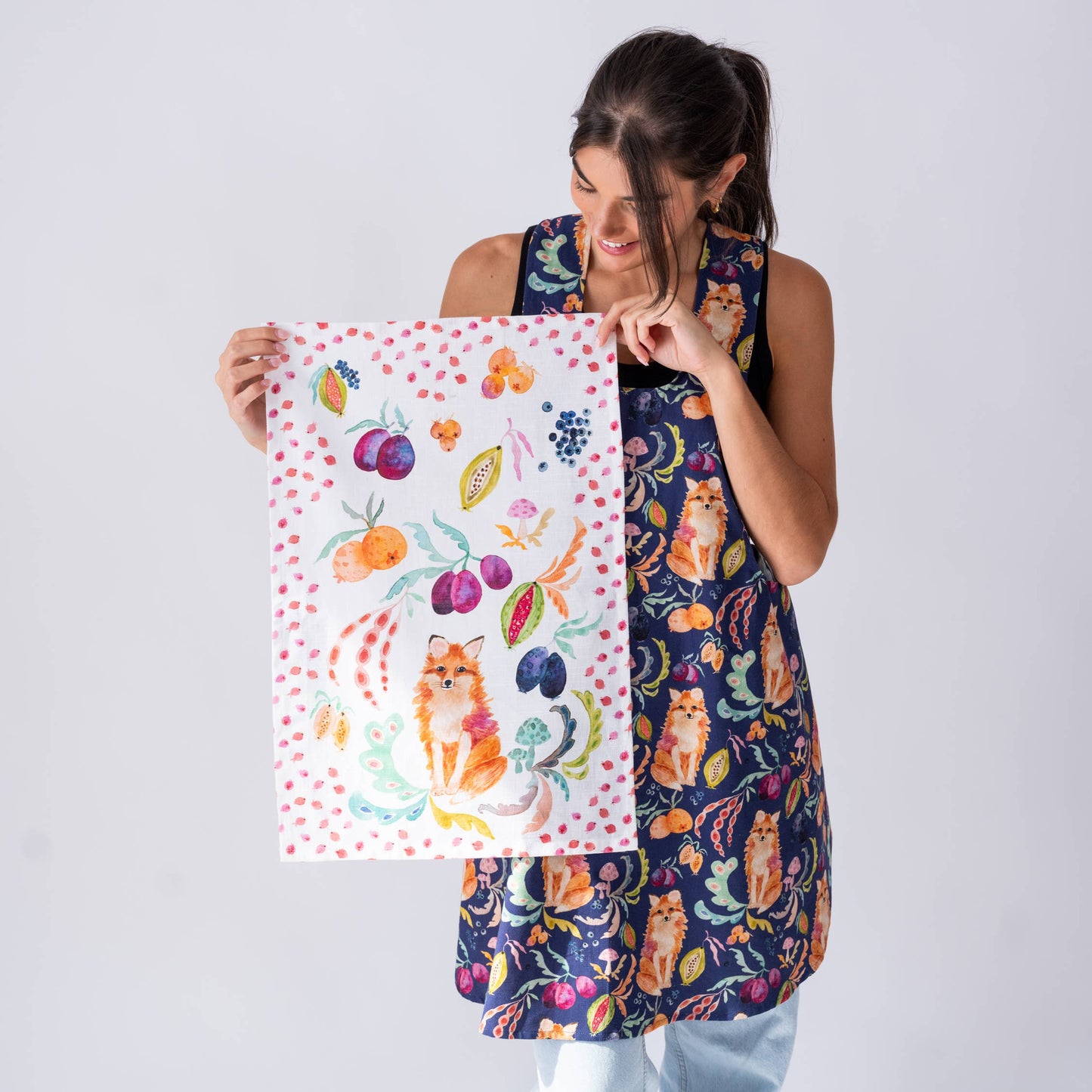 Pinafore Apron- Fox in the Orchard plum