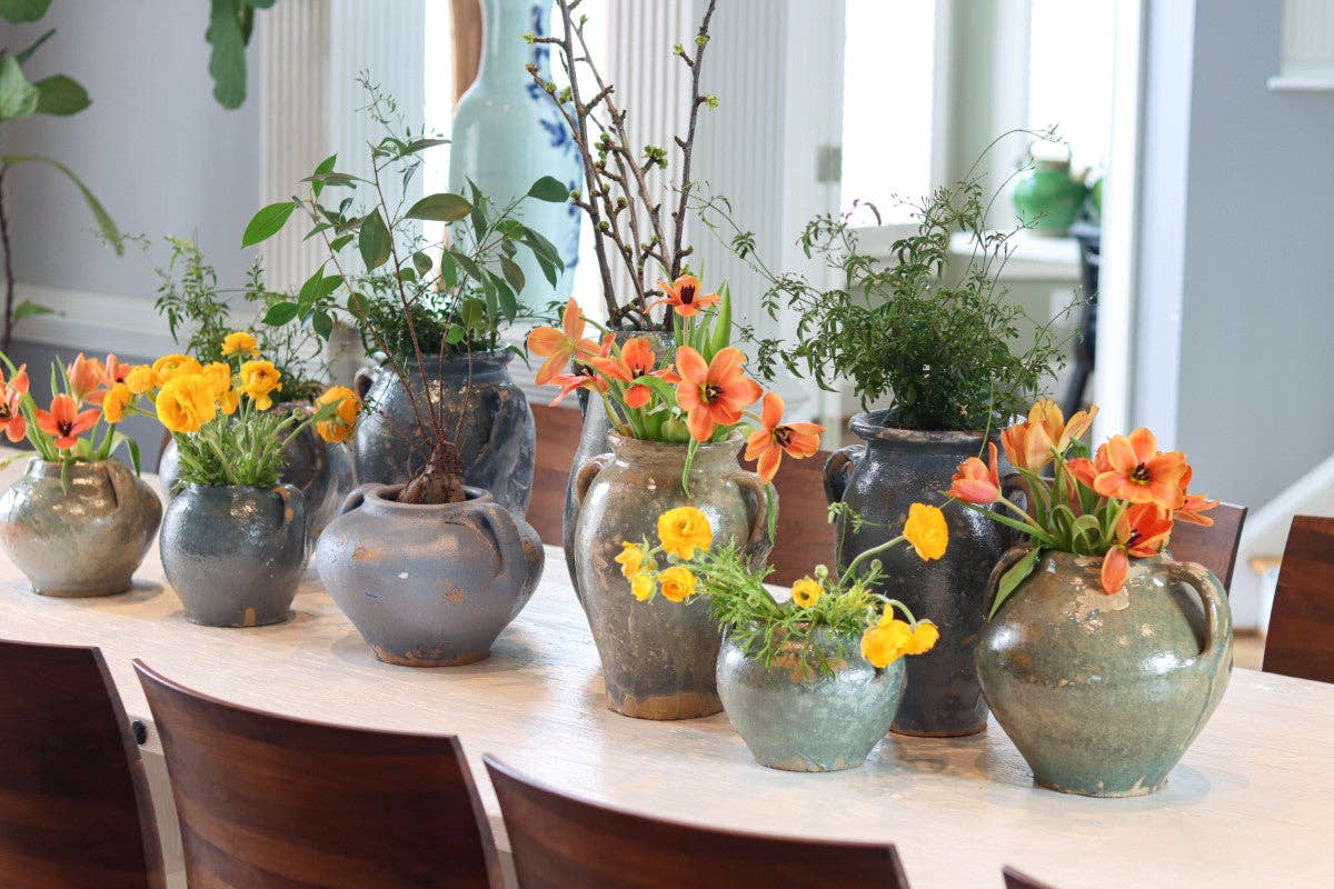Found Amphora Ceramic Vase, Medium, Blue-Green