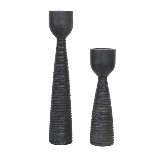 Hand-Carved Mango Wood Ribbed Candle Holder, Black (Holds 5" Pillar)