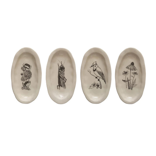 Stoneware Organic Shaped Plate w/ Flora/Fauna Image, 4 Styles