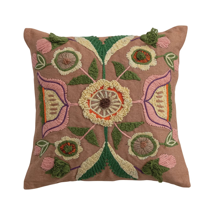 18" Square Fabric Indoor/Outdoor Pillow with Embroidered Design